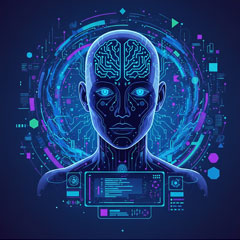 futuristic, neon-blue AI human head surrounded by a vibrant circuit board design