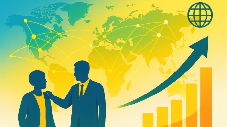 אילוסטרציה צבעונית של שני אנשי עסקים, עומדים מול מפת עולם עם קווי רשת גלובליים. לצידם גרף עמודות ועליו חץ גדול המייצג צמיחה, בצבעים צהוב, ירוק ותכלת. התמונה משדרת מנטורינג, חיבור בינלאומי והתפתחות עסקית.