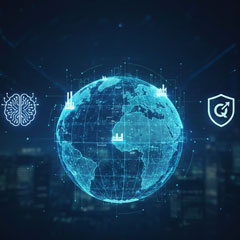 כדור הארץ דיגיטלי זוהר עם אייקונים של בינה מלאכותית ואבטחת מידע ברקע טכנולוגי עתידני.