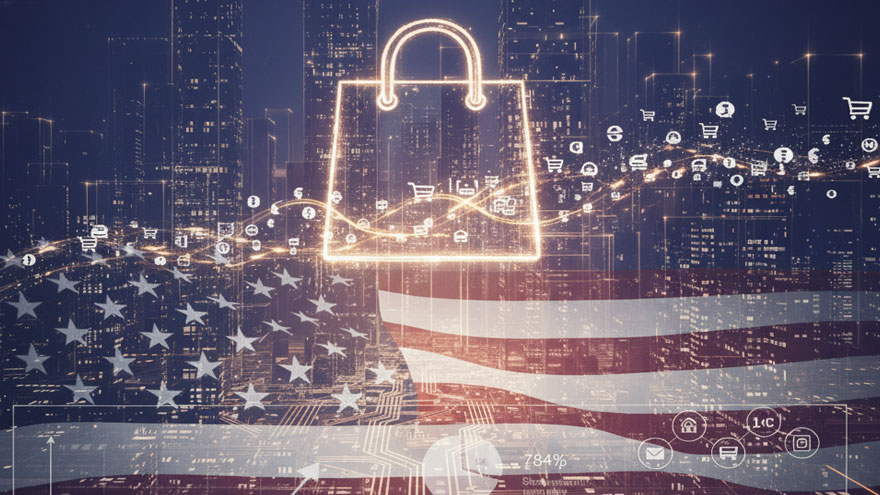 אייקון של שקית קניות זוהרת מעל דגל ארה״ב ורקע עירוני דיגיטלי, המסמל מסחר אלקטרוני וקמעונאות בארצות הברית.